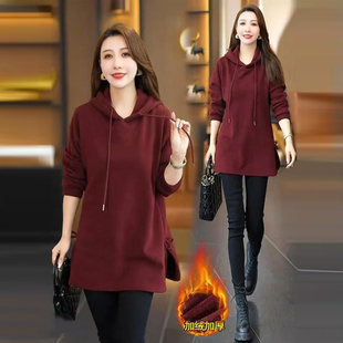 中长款连帽加绒卫衣女冬季2025年新款宽松休闲慵懒风加厚保暖上衣