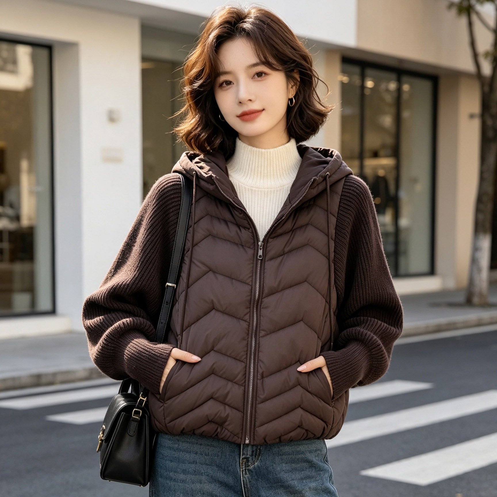针织拼接棉服外套女冬季连帽