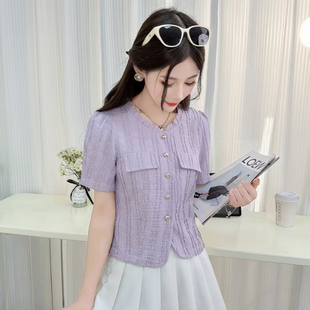 紫色短袖衬衫女夏季2026年新款小个子短款高级感显瘦减龄洋气上衣