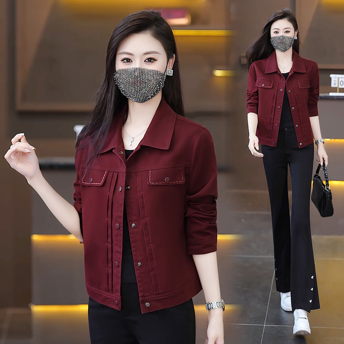 红色翻领牛仔外套女春款2026新款小个子显瘦百搭休闲短款女士上衣