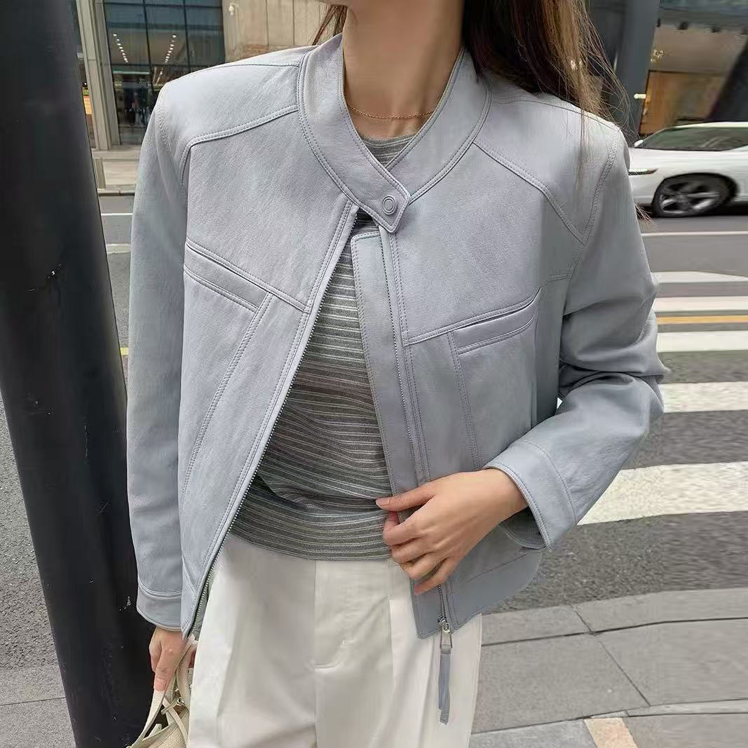 蓝色短款皮衣外套女春款2026新款小个子时尚流行宽松休闲PU皮夹克