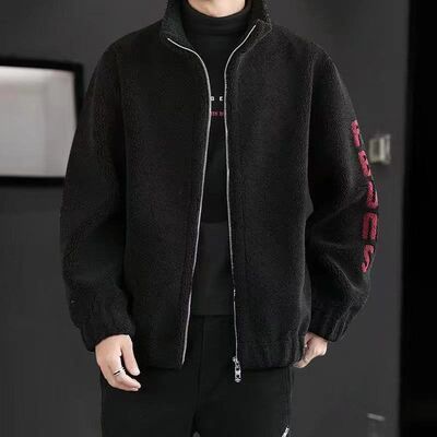 2025男秋冬季潮流新款仿羊羔绒男士外套翻领加绒加厚男装冬装外套