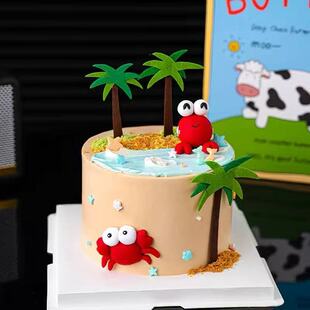 网红ins风巨蟹座蛋糕装饰摆件创意小螃蟹夏日海边椰子树烘焙插件