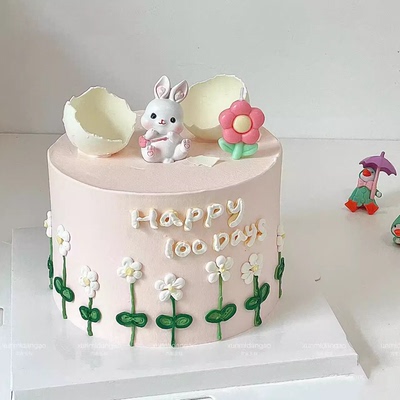 百天周岁蛋糕装饰可爱树脂小兔子摆件破壳蜡烛女孩生日蛋糕插件