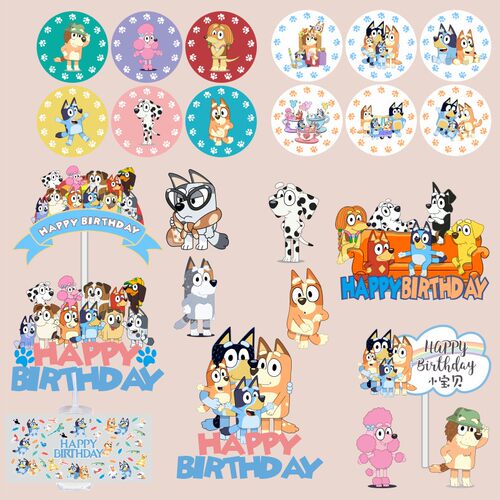蓝狗布鲁伊生日蛋糕装饰插牌生日派对甜品台插件布丁推推乐贴纸
