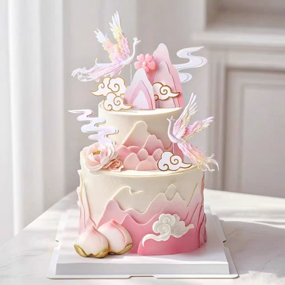 网红古风山水中式仙鹤凤凰妈妈奶奶生日祝寿插件烘焙蛋糕装饰摆件