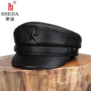 机车复古皮帽子男士平顶真皮秋冬季男牛皮船长五星鸭舌帽帽子