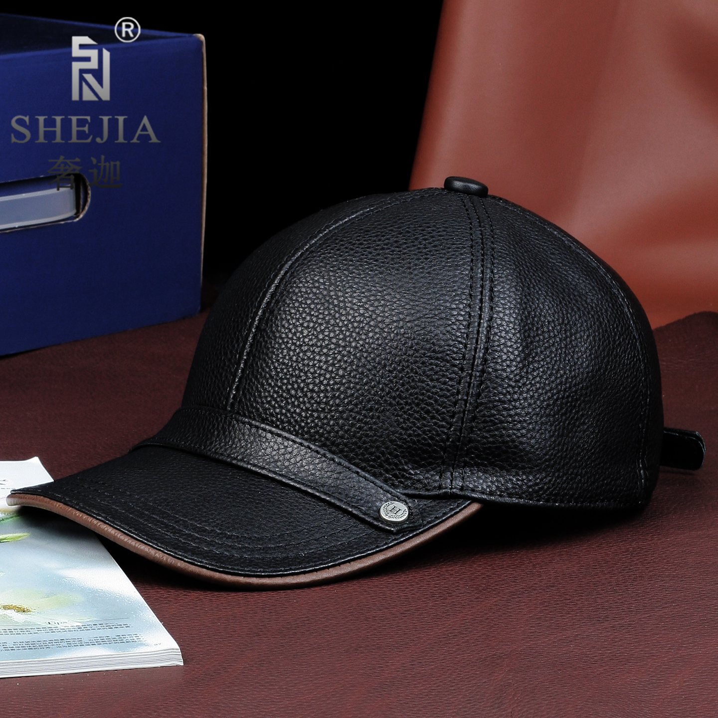 牛皮男士皮帽子中老年休闲鸭舌帽