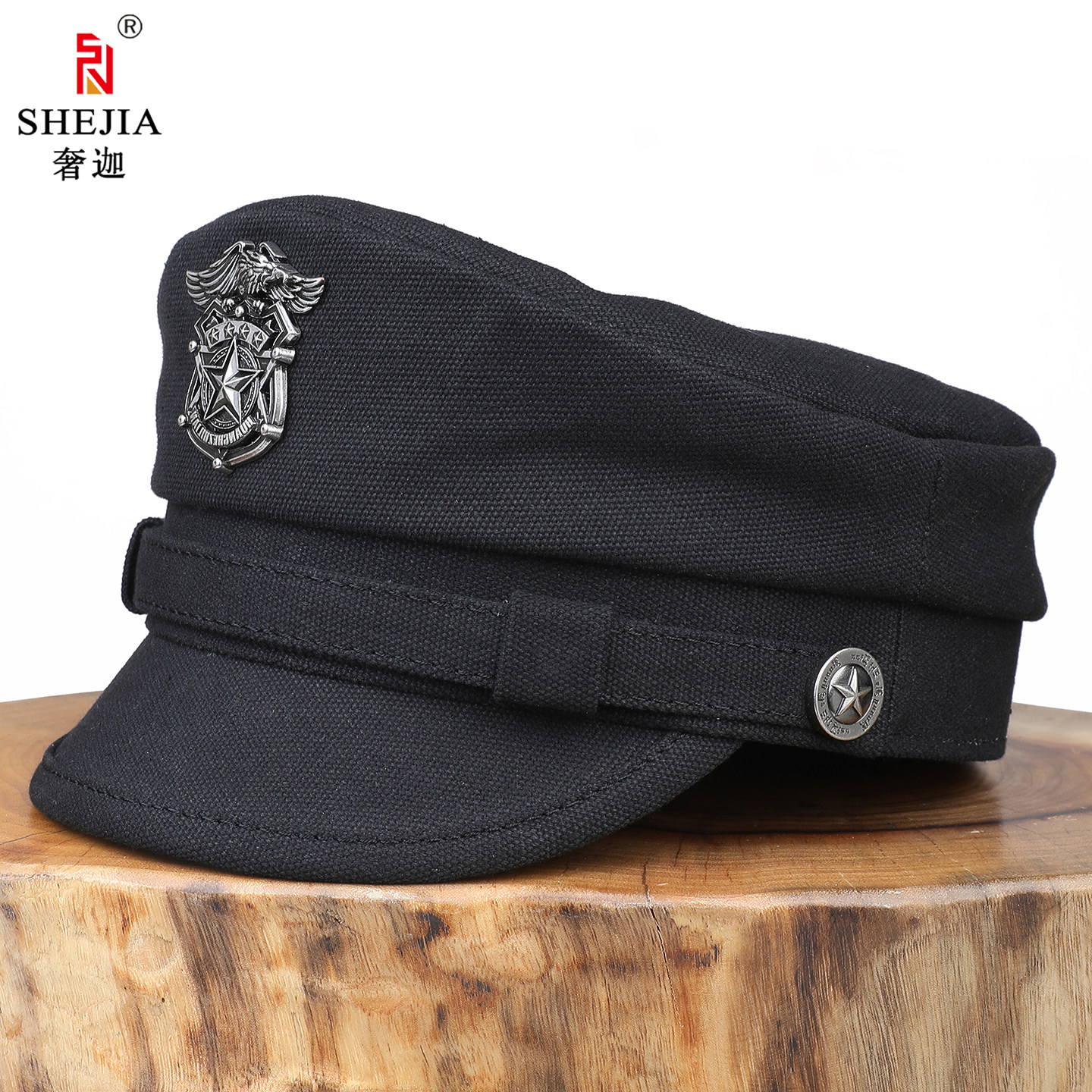 帆布新款春秋平顶外贸机车男士帽子复古徽章鸭舌帽中老年水手船长