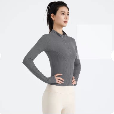 新款条纹修身运动外套薄款糯弹罗纹长袖瑜伽服外套女