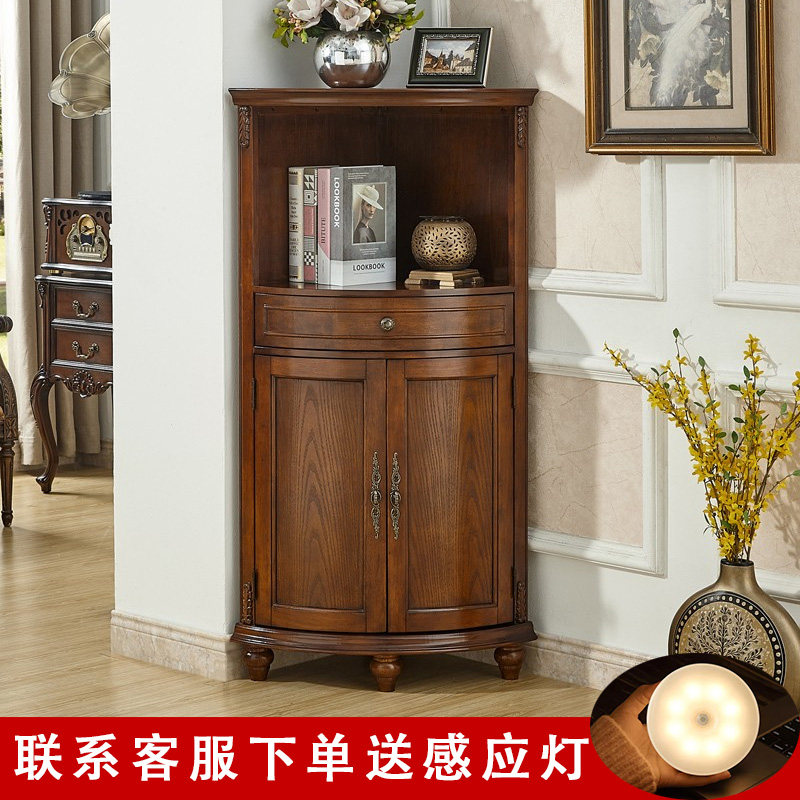 美式实木弧形角柜墙角三角拐角角柜客厅中古风扇形墙角转角角柜
