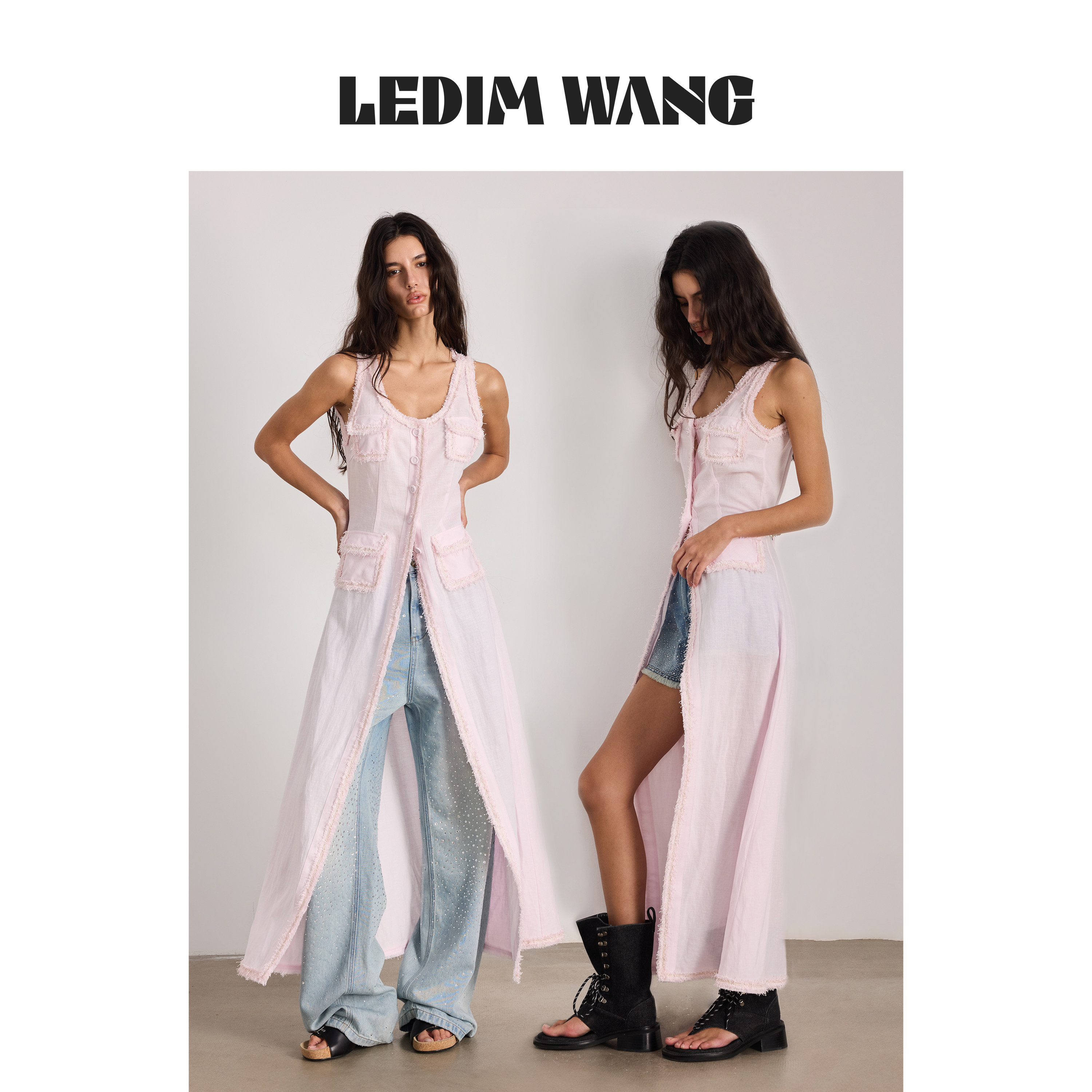 LEDIM WANG小香风时尚U领无袖马甲女26夏季新款粉色亚麻上衣长款