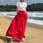 WANG飘带大摆半身裙女新款 LEDIM 红色气质长裙 明星同款