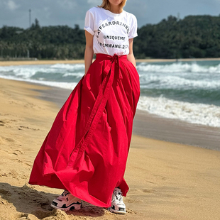 WANG飘带大摆半身裙女新款 LEDIM 红色气质长裙 明星同款