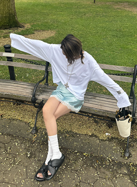 【于文文同款】LEDIM WANG白标/亨利领素白T恤女长袖上衣25秋新款