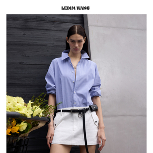 LEDIM WANG高智格纹拼接假两件连衣裙女蓝色衬衣裙短裙26早春新款