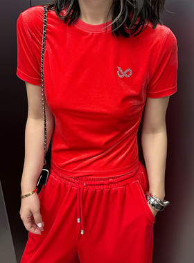 【于文文同款】LEDIM WANG白标/丝绒圆领短袖T恤女夏修身红色上衣