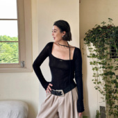 WANG黑标 飘带方领羊毛内搭打底衫 女25秋新款 LEDIM 黑色修身 上衣