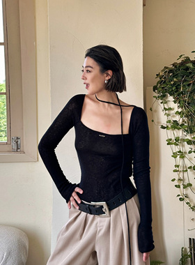 LEDIM WANG黑标/飘带方领羊毛内搭打底衫女25秋新款黑色修身上衣