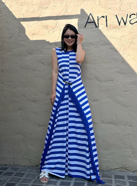 LEDIM WANG条纹流苏连衣裙女夏2025新款航海系气质无袖大摆裙长裙