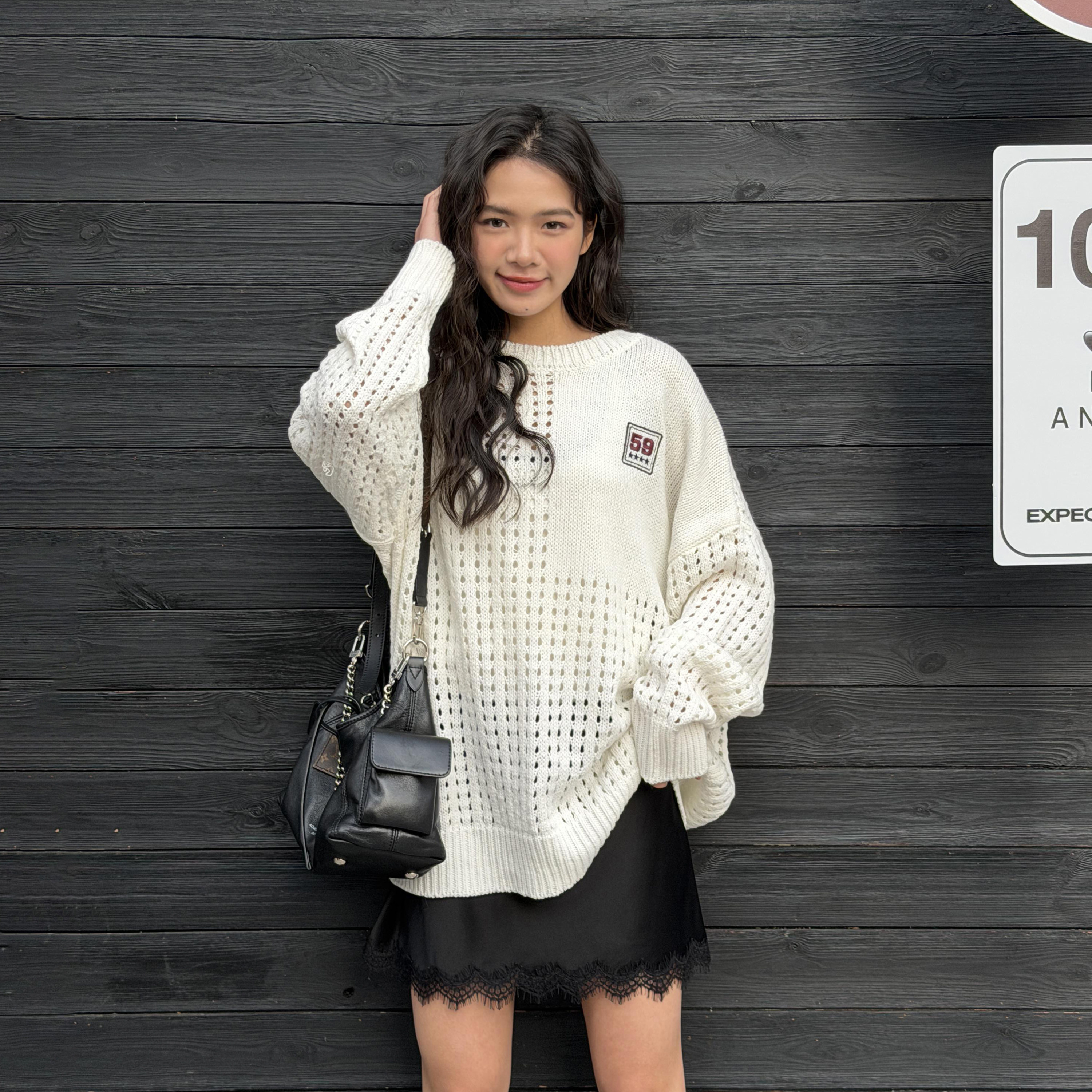 LEDIM WANG 网眼套头针织衫女白色微透宽松长袖上衣2026春夏新款