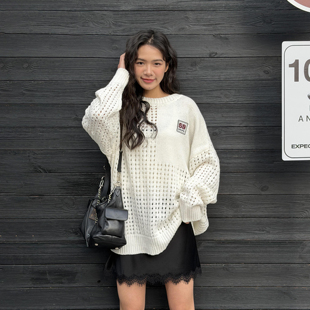 上衣2026春夏新款 LEDIM 女白色微透宽松长袖 网眼套头针织衫 WANG