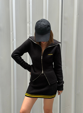 LEDIM WANG红标/大翻领拉链开衫毛衣女修身黑色针织衫25秋冬新款