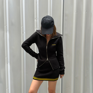 WANG红标 25秋冬新款 大翻领拉链开衫 黑色针织衫 毛衣女修身 LEDIM