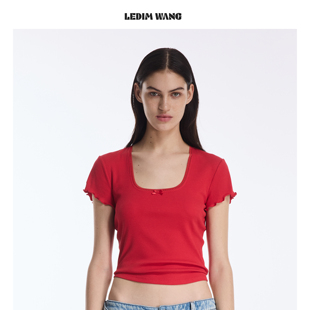LEDIM WANG蕾丝边红色T恤女U领2026春夏新款休闲风短款打底上衣