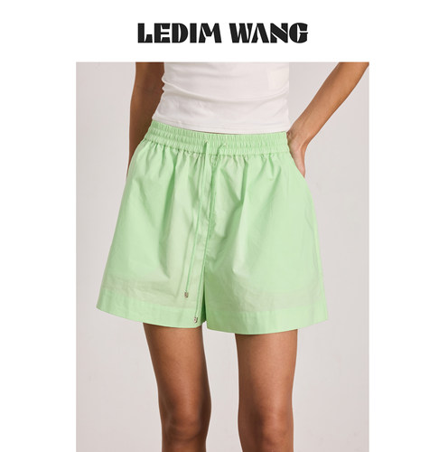 LEDIM WANG夏日松弛感纯棉休闲裤蓝/绿色新款透气亲肤松紧腰短裤