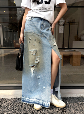 LEDIM WANG 做旧牛仔半身裙女不规则解构蓝色开叉长裙2026春新款