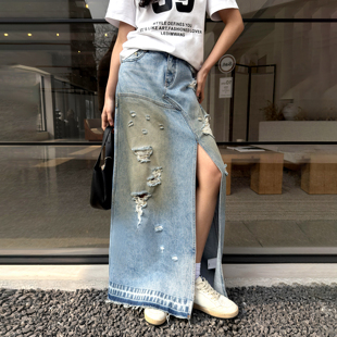 做旧牛仔半身裙女不规则解构蓝色开叉长裙2026春新款 LEDIM WANG
