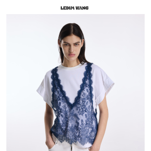 LEDIM WANG鱼骨假两件蕾丝T恤女白色圆领套头上衣2026春夏新款