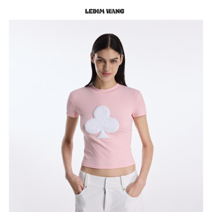 显瘦上衣2026春夏新款 T恤女虾粉色修身 WANG毛绒撞色短袖 LEDIM