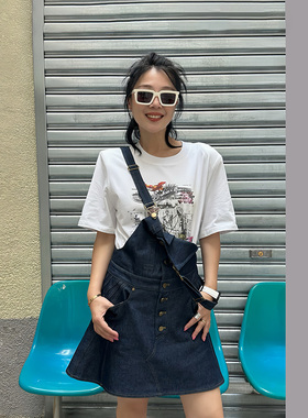 LEDIM WANG背带牛仔连衣裙女夏2025新款小众设计高级感深色短裙