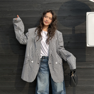 2026春新款 LEDIM WANG学院风休闲西服外套女黑白格纹气质高级阔版