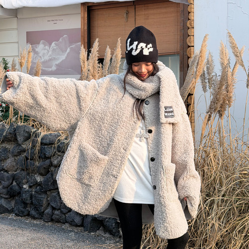 LEDIM WANG水貂灰仿羊羔毛皮草女轻奢感皮毛一体外套围巾25冬新款