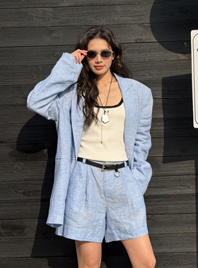 LEDIM WANG蓝色亚麻时尚套装女老钱风西服外套休闲裤2026春夏新款