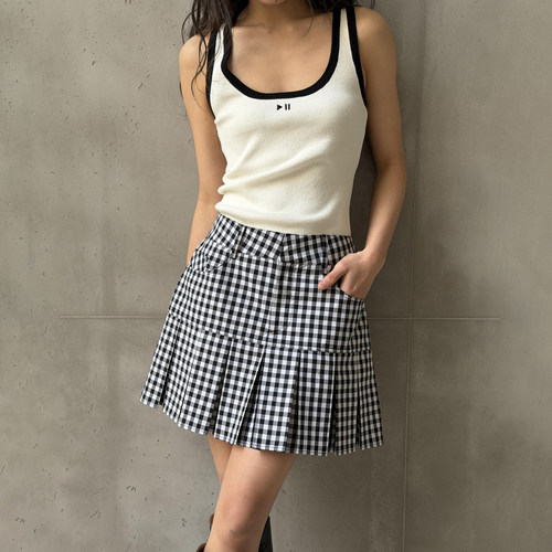 LEDIM WANG 学院风黑白格纹百褶半身裙女A摆辣妹短裙2026春季新款
