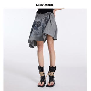 LEDIM WANG雾感印花针织半身裙女灰色不规则复古短裙2026春夏新款