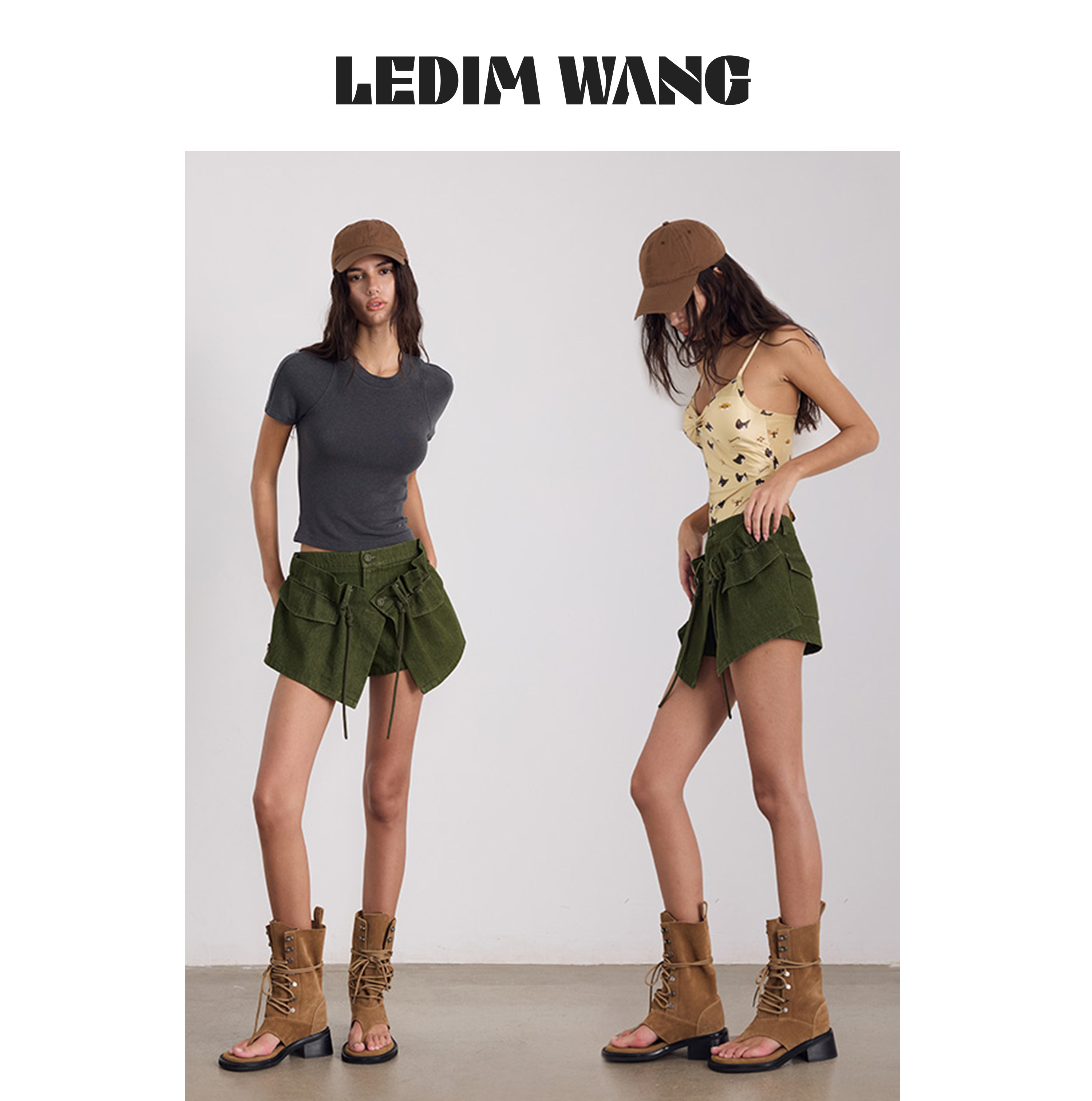 【明星同款】LEDIM WANG假两件宽松短裤女26夏季新款军绿色休闲裤