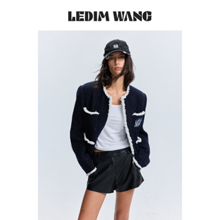 LEDIM WANG小香风花边毛呢外套女藏青色圆领长袖上衣2026秋冬新款