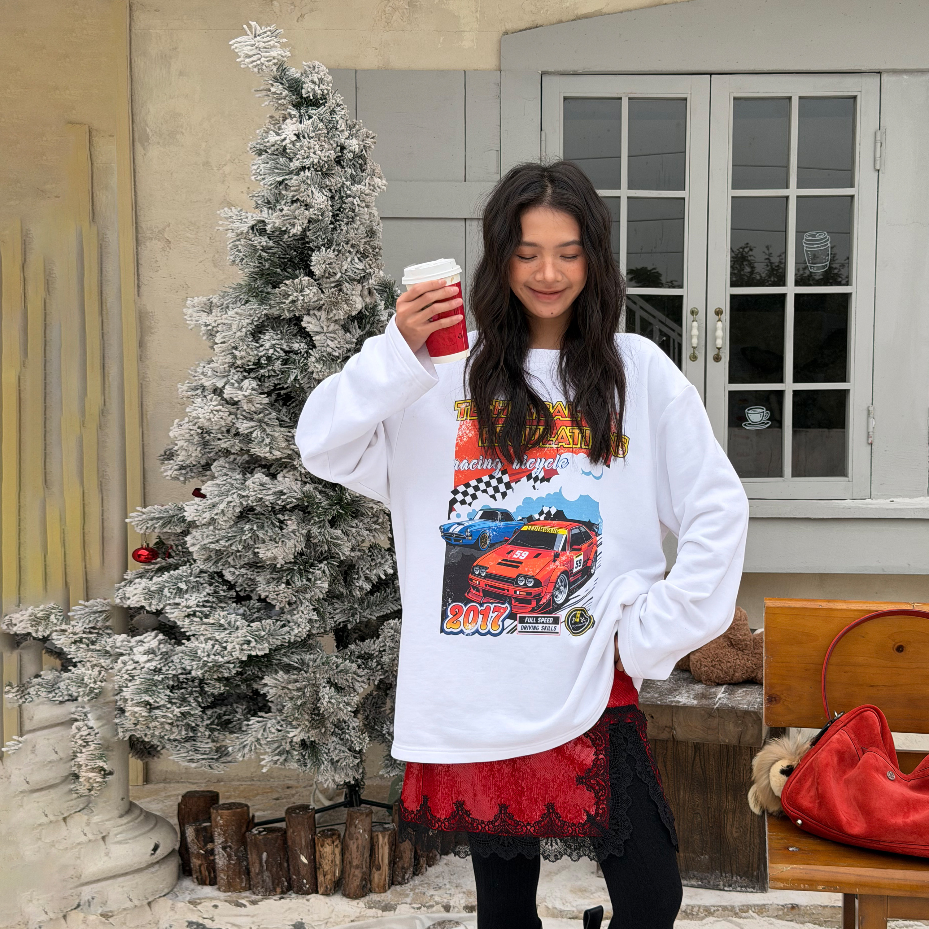 【圣诞系列】LEDIM WANG赛车印花长袖T恤白色内搭上衣女25冬新款