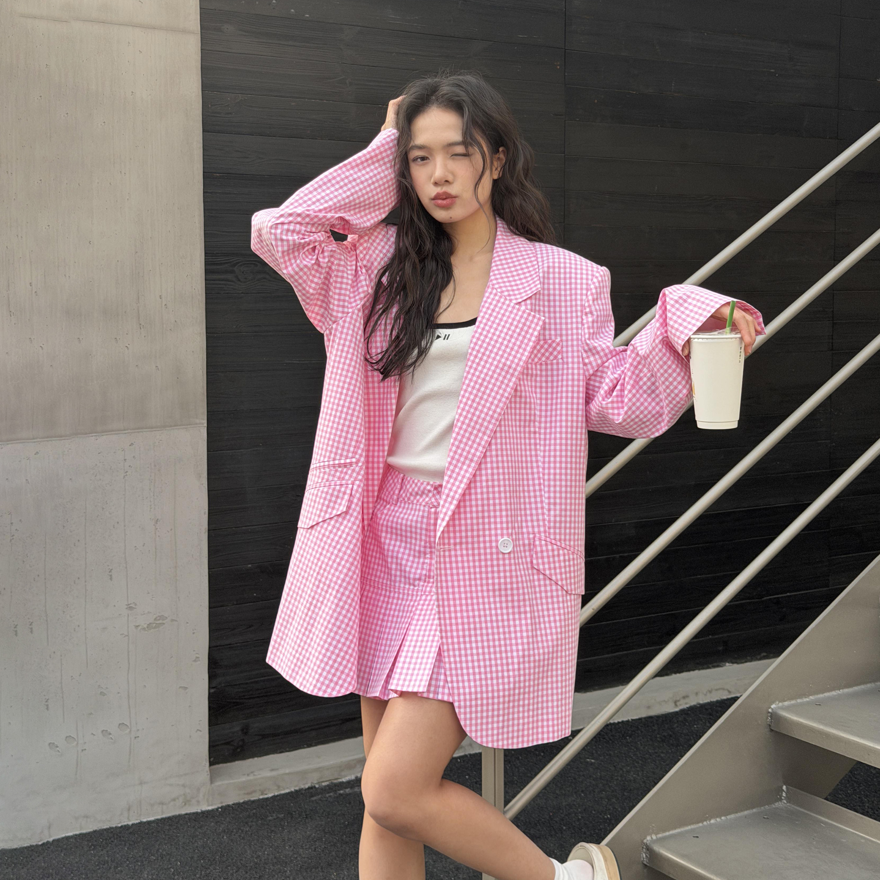 LEDIM WANG学院风休闲西服外套女粉色格纹气质高级阔版2026春新款,女装/女士精品,短外套,淘宝优惠券,粉丝福利购,淘宝优惠卷