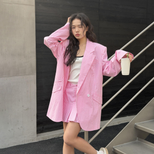 2026春新款 LEDIM WANG学院风休闲西服外套女粉色格纹气质高级阔版