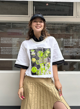 LEDIM WANG假两件印花T恤女百搭休闲宽松新款纯棉白色短袖上衣