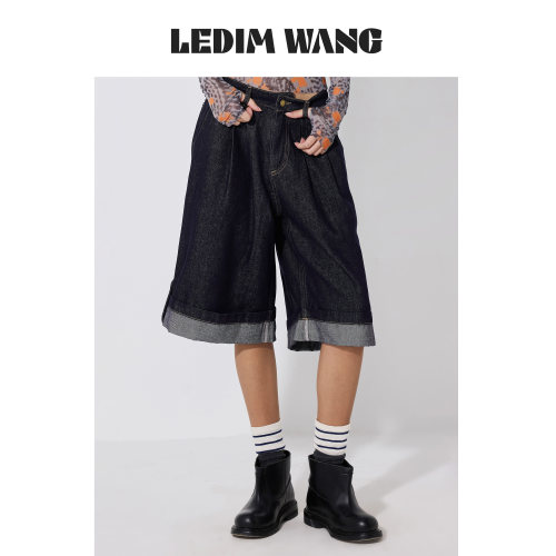 LEDIMWANG复古翻边直筒牛仔中裤