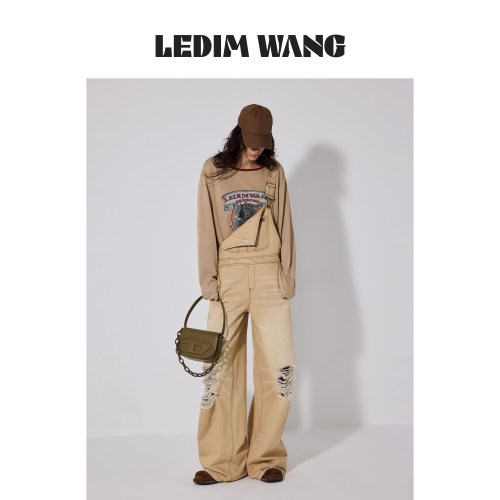 LEDIMWANG破洞做旧背带牛仔裤