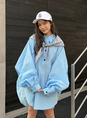 LEDIM WANG海军风可拆卸连帽套头衬衫女蓝色宽松衬衣2026春夏新款