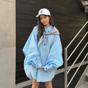 LEDIM WANG海军风可拆卸连帽套头衬衫女蓝色宽松衬衣2026春夏新款